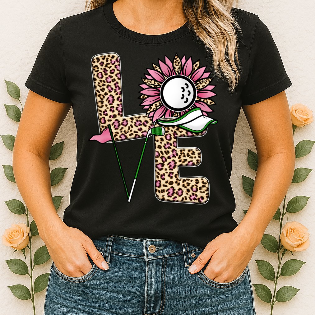 Golf T Shirts, Love Golf Leopard Sunflower Sports Ball Valentine Plus Size Womens T-Shirt