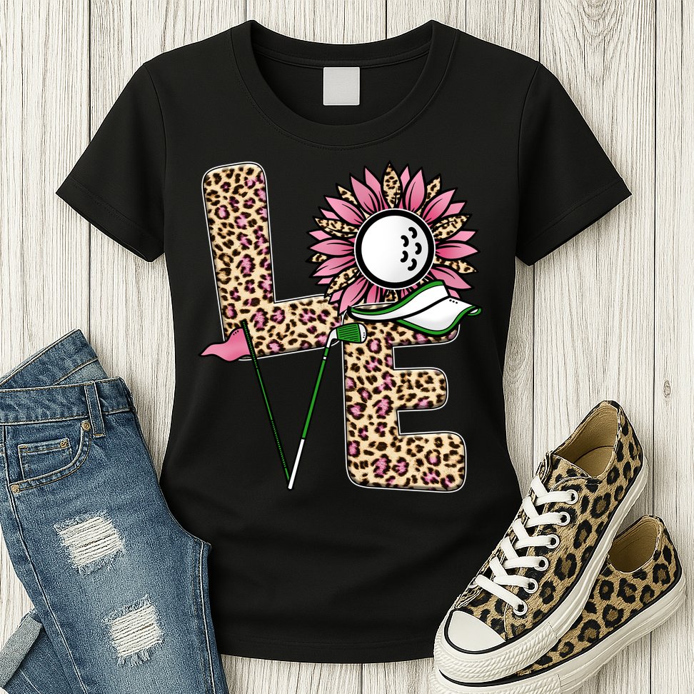 Golf T Shirts, Love Golf Leopard Sunflower Sports Ball Valentine Plus Size Womens T-Shirt