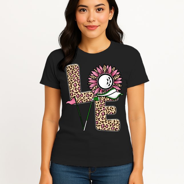 Golf T Shirts, Love Golf Leopard Sunflower Sports Ball Valentine Plus Size Womens T-Shirt