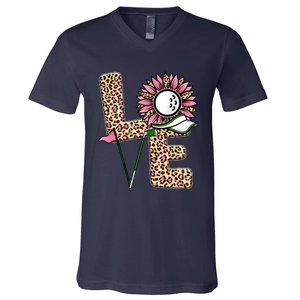 Golf T Shirts, Love Golf Leopard Sunflower Sports Ball Valentine Plus Size V-Neck T-Shirt