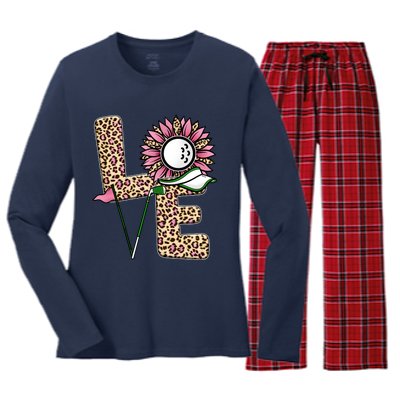 Golf T Shirts, Love Golf Leopard Sunflower Sports Ball Valentine Plus Size Women's Long Sleeve Flannel Pajama Set 