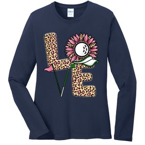 Golf T Shirts, Love Golf Leopard Sunflower Sports Ball Valentine Plus Size Ladies Long Sleeve Shirt