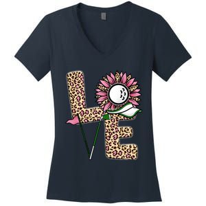 Golf T Shirts, Love Golf Leopard Sunflower Sports Ball Valentine Plus Size Women's V-Neck T-Shirt