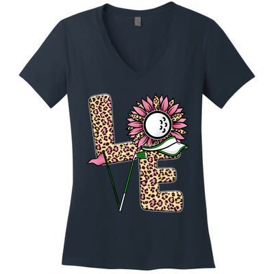 Golf T Shirts, Love Golf Leopard Sunflower Sports Ball Valentine Plus Size Women's V-Neck T-Shirt