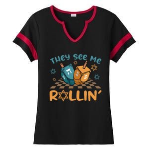 Groovy They See Me Rollin Hanukkah 2024 Dreidel Game Jewish Ladies Halftime Notch Neck Tee