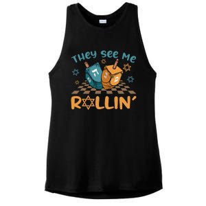 Groovy They See Me Rollin Hanukkah 2024 Dreidel Game Jewish Ladies PosiCharge Tri-Blend Wicking Tank