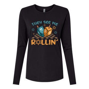 Groovy They See Me Rollin Hanukkah 2024 Dreidel Game Jewish Womens Cotton Relaxed Long Sleeve T-Shirt