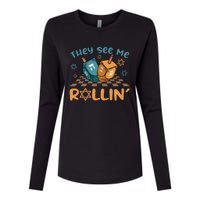 Groovy They See Me Rollin Hanukkah 2024 Dreidel Game Jewish Womens Cotton Relaxed Long Sleeve T-Shirt