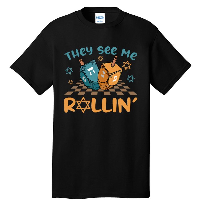 Groovy They See Me Rollin Hanukkah 2024 Dreidel Game Jewish Tall T-Shirt