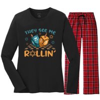 Groovy They See Me Rollin Hanukkah 2024 Dreidel Game Jewish Women's Long Sleeve Flannel Pajama Set 