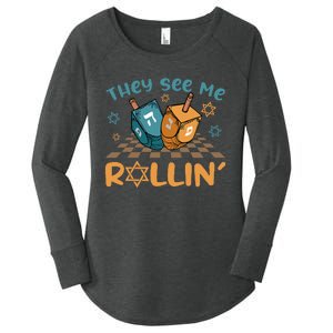 Groovy They See Me Rollin Hanukkah 2024 Dreidel Game Jewish Women's Perfect Tri Tunic Long Sleeve Shirt