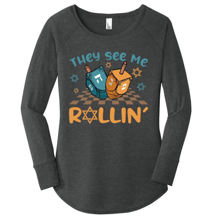 Groovy They See Me Rollin Hanukkah 2024 Dreidel Game Jewish Women's Perfect Tri Tunic Long Sleeve Shirt