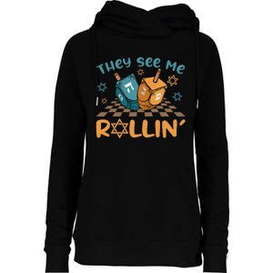 Groovy They See Me Rollin Hanukkah 2024 Dreidel Game Jewish Womens Funnel Neck Pullover Hood