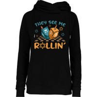 Groovy They See Me Rollin Hanukkah 2024 Dreidel Game Jewish Womens Funnel Neck Pullover Hood