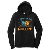 Groovy They See Me Rollin Hanukkah 2024 Dreidel Game Jewish Women's Pullover Hoodie