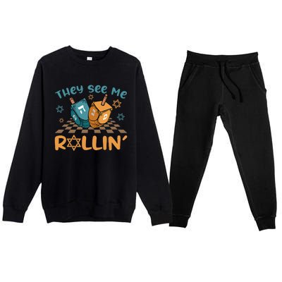 Groovy They See Me Rollin Hanukkah 2024 Dreidel Game Jewish Premium Crewneck Sweatsuit Set