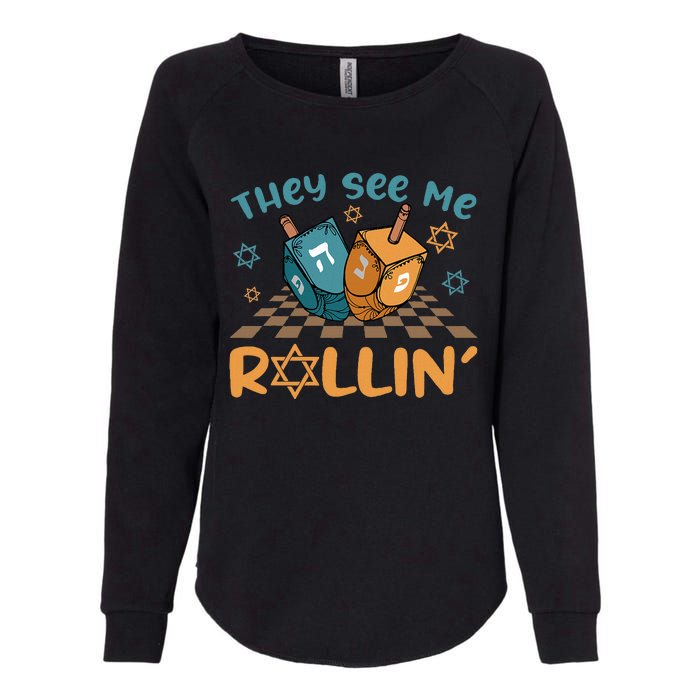 Groovy They See Me Rollin Hanukkah 2024 Dreidel Game Jewish Womens California Wash Sweatshirt