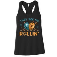 Groovy They See Me Rollin Hanukkah 2024 Dreidel Game Jewish Women's Racerback Tank