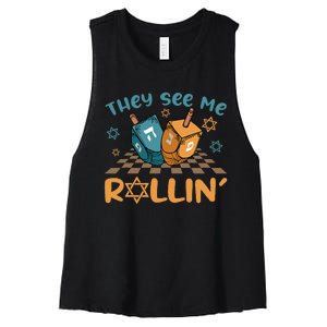 Groovy They See Me Rollin Hanukkah 2024 Dreidel Game Jewish Women's Racerback Cropped Tank