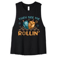 Groovy They See Me Rollin Hanukkah 2024 Dreidel Game Jewish Women's Racerback Cropped Tank