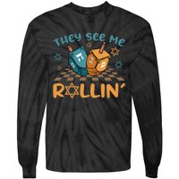 Groovy They See Me Rollin Hanukkah 2024 Dreidel Game Jewish Tie-Dye Long Sleeve Shirt