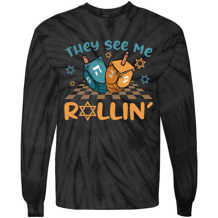 Groovy They See Me Rollin Hanukkah 2024 Dreidel Game Jewish Tie-Dye Long Sleeve Shirt