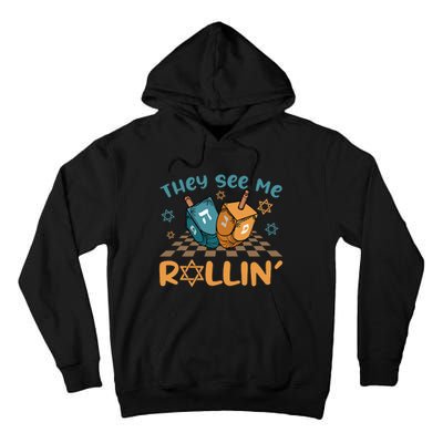 Groovy They See Me Rollin Hanukkah 2024 Dreidel Game Jewish Tall Hoodie