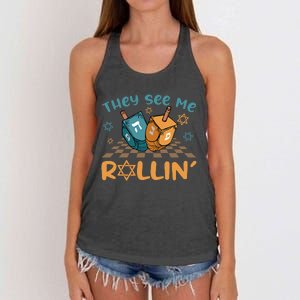 Groovy They See Me Rollin Hanukkah 2024 Dreidel Game Jewish Women's Knotted Racerback Tank