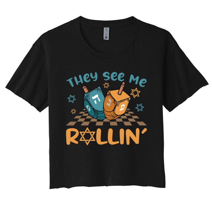 Groovy They See Me Rollin Hanukkah 2024 Dreidel Game Jewish Women's Crop Top Tee