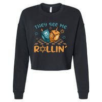 Groovy They See Me Rollin Hanukkah 2024 Dreidel Game Jewish Cropped Pullover Crew