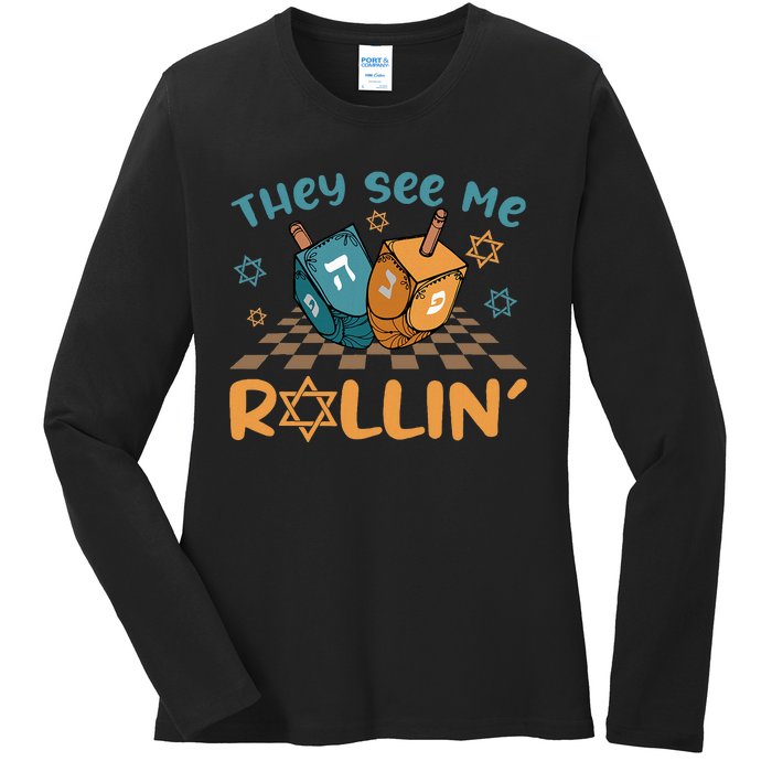 Groovy They See Me Rollin Hanukkah 2024 Dreidel Game Jewish Ladies Long Sleeve Shirt