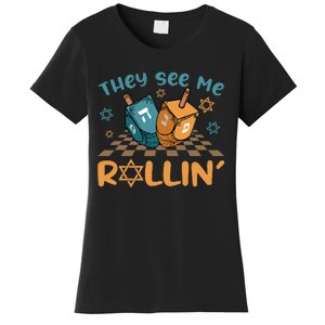 Groovy They See Me Rollin Hanukkah 2024 Dreidel Game Jewish Women's T-Shirt