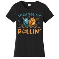 Groovy They See Me Rollin Hanukkah 2024 Dreidel Game Jewish Women's T-Shirt