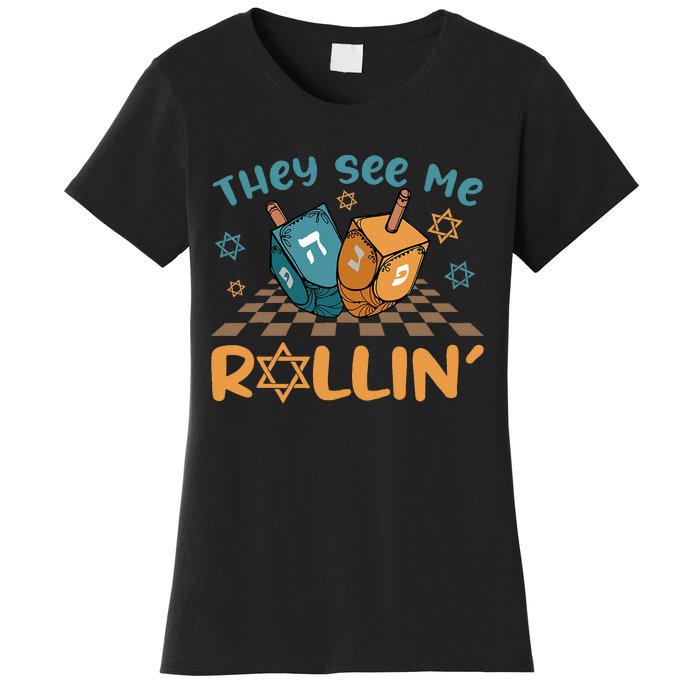 Groovy They See Me Rollin Hanukkah 2024 Dreidel Game Jewish Women's T-Shirt