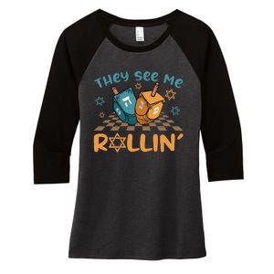 Groovy They See Me Rollin Hanukkah 2024 Dreidel Game Jewish Women's Tri-Blend 3/4-Sleeve Raglan Shirt