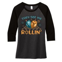 Groovy They See Me Rollin Hanukkah 2024 Dreidel Game Jewish Women's Tri-Blend 3/4-Sleeve Raglan Shirt