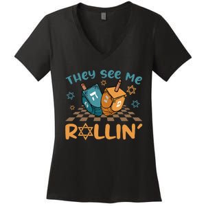 Groovy They See Me Rollin Hanukkah 2024 Dreidel Game Jewish Women's V-Neck T-Shirt