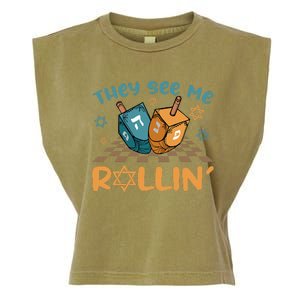 Groovy They See Me Rollin Hanukkah 2024 Dreidel Game Jewish Garment-Dyed Women's Muscle Tee