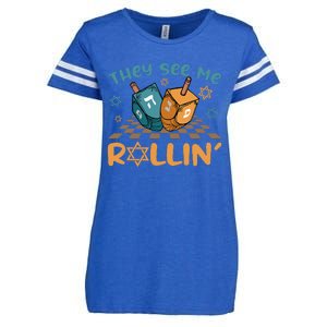 Groovy They See Me Rollin Hanukkah 2024 Dreidel Game Jewish Enza Ladies Jersey Football T-Shirt