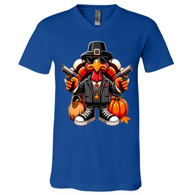 Gangster Thug Thanksgiving Turkey Gun Unhappy Angry Turkey Cool Gift V-Neck T-Shirt