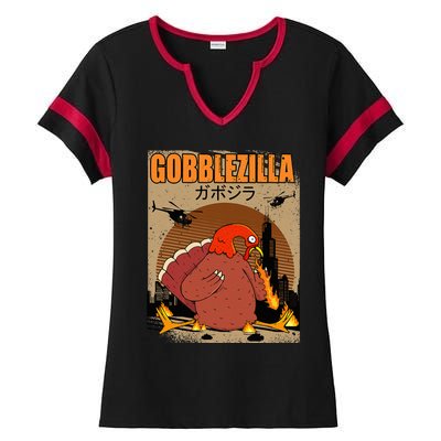 Gobblezilla Turkey Thanksgiving Ladies Halftime Notch Neck Tee