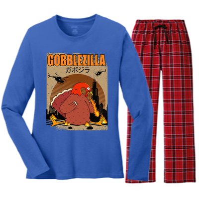 Gobblezilla Turkey Thanksgiving Women's Long Sleeve Flannel Pajama Set 