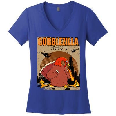 Gobblezilla Turkey Thanksgiving Women's V-Neck T-Shirt