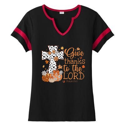 Give Thanks To The Lord Jesus Cross Pumpkin Thanksgiving Ladies Halftime Notch Neck Tee