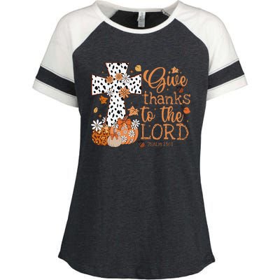 Give Thanks To The Lord Jesus Cross Pumpkin Thanksgiving Enza Ladies Jersey Colorblock Tee