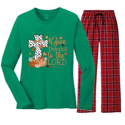 Give Thanks To The Lord Jesus Cross Pumpkin Thanksgiving Women's Long Sleeve Flannel Pajama Set 