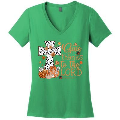 Give Thanks To The Lord Jesus Cross Pumpkin Thanksgiving Women's V-Neck T-Shirt