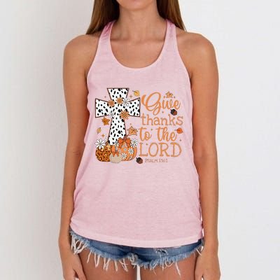 Give Thanks To The Lord Jesus Cross Pumpkin Thanksgiving Women's Knotted Racerback Tank