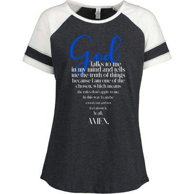 God Talks To Me Amen Funny Christian Enza Ladies Jersey Colorblock Tee