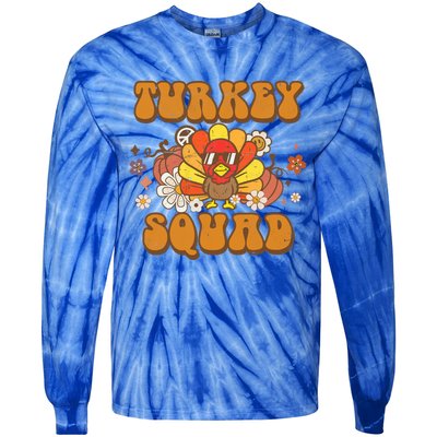 Groovy Thankful Turkey Squad Gift Thanksgiving Cute Turkey Gift Tie-Dye Long Sleeve Shirt